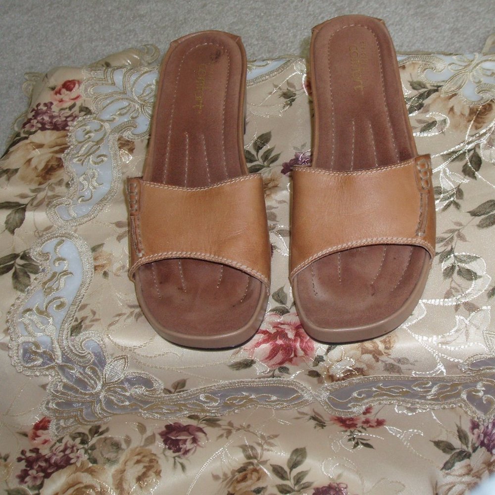 Strictly Comfort Sofia Tan Leather Upper Slides - 9 Medium